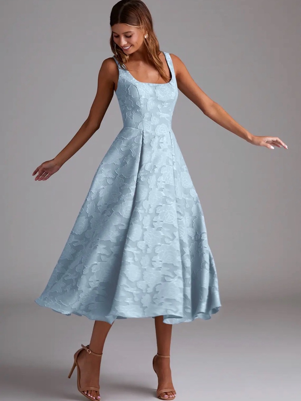 Azazie Amalie - Sleeveless Floral Jacquard Midi Dress in Sky Blue - Picture 3 of 5
